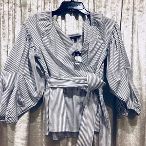 NWT EXPRESS striped puff sleeve tie waist top